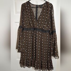 Forever 21+ Black and Brown Geometric Flowers Long Sleeve Dress